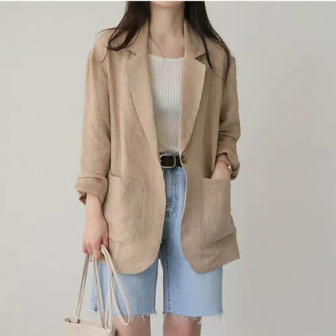 깔끔한 여자 린넨 긴팔 자켓 루즈핏 어깨패드 원버튼 여자린넨자켓 여성린넨자켓 린넨자켓