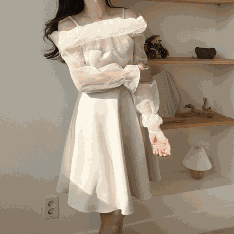[하프클럽] 다아시 미니 꽃잎 시스루 오간자 오프숄더 레이스 스판 프릴 셀프웨딩 드레스 스몰웨딩 부케 피로연