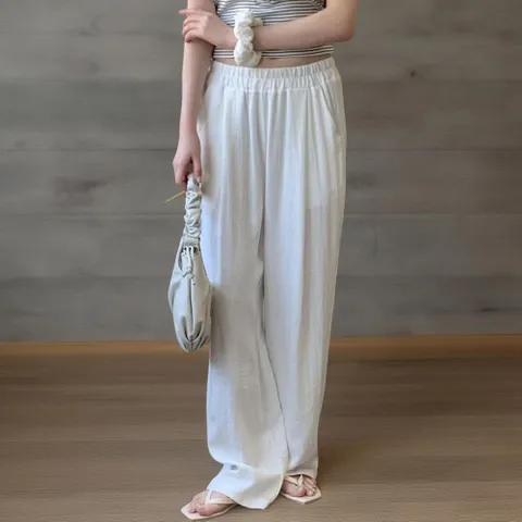 여성 단색 린넨 와이드 롱 팬츠