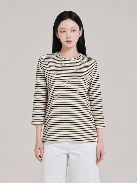 플라워 장식 스트라이프 티셔츠_HCFFTS001