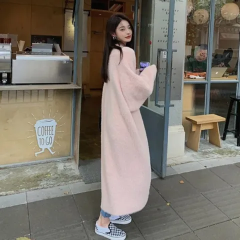 여자 FW 클래식 퍼 분홍 캐쥬얼 밍크 롱가디건