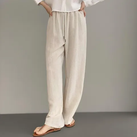 여성용 린넨 와이드 스트레이트 팬츠 스트링