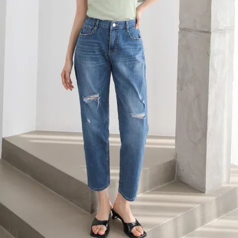 여성 스판 밴딩 데미지 얇은 배기 청바지 보이핏 데님팬츠 찢청