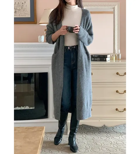 여성 루즈핏 폭스 라쿤 니트 롱 가디건 카디건 아우터