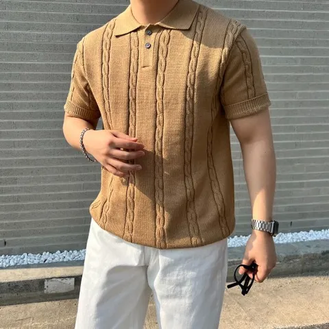 [브리치] 유인맨즈 / 깔끔한 머슬핏카라티 꽈배기니트 반팔니트