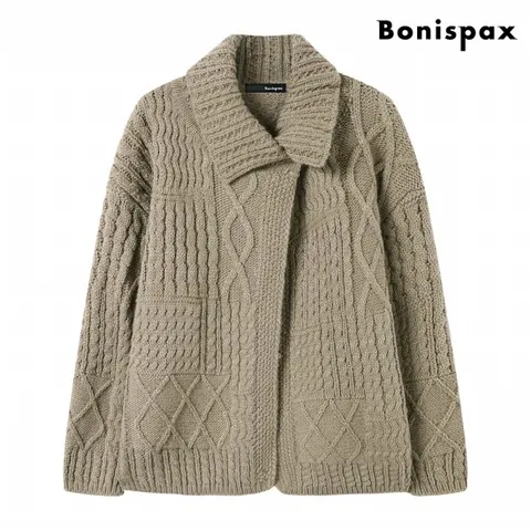 정상가:159,000원 ㅣ 울 루즈핏 원 버튼 꽈배기 니트 가디건 (XP4CK015L0)