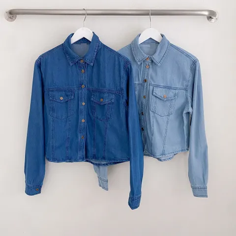 여성 포켓 크롭 데님 셔츠 루즈핏 숏 청남방