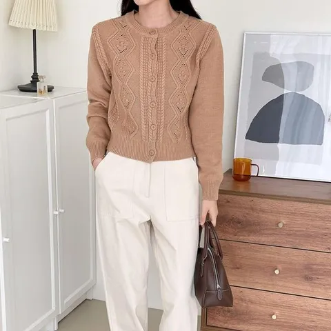 [하프클럽/여자 내추럴핏 가을 라운드넥 케이블 니트 가디건