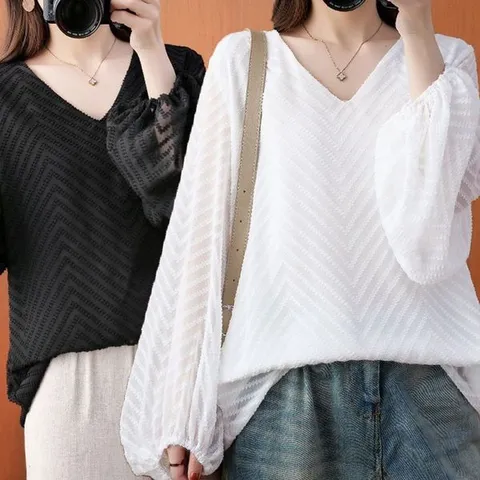 [하프클럽/모노무드] 벌룬 여성 브이넥블라우스 봄 검정블라우스 여성