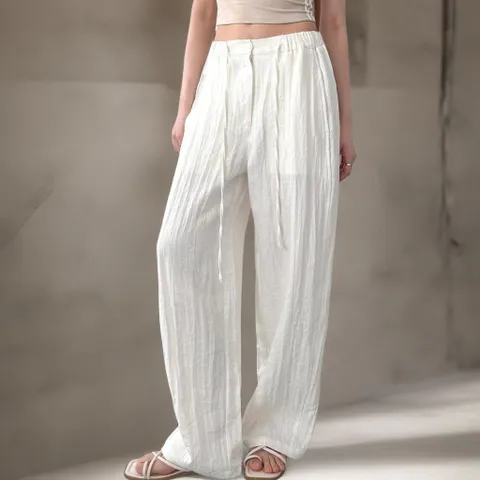 여자 스트링 쿨팬츠 린넨 통 바스락 절개 바지