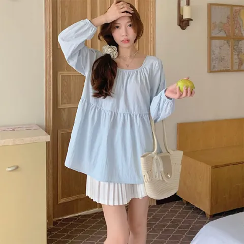 데일리 스퀘어넥 셔링 A라인 긴팔 블라우스