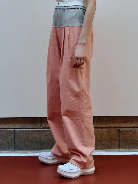 져지 배색 밴딩 와이드 핀턱 스웨트 팬츠 - 핑크