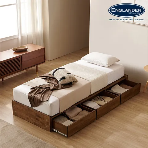 클림트 월넛 미니 무헤드 원목 서랍형 침대(삼중직 9존 케미컬폼 20T 독립매트-MS)