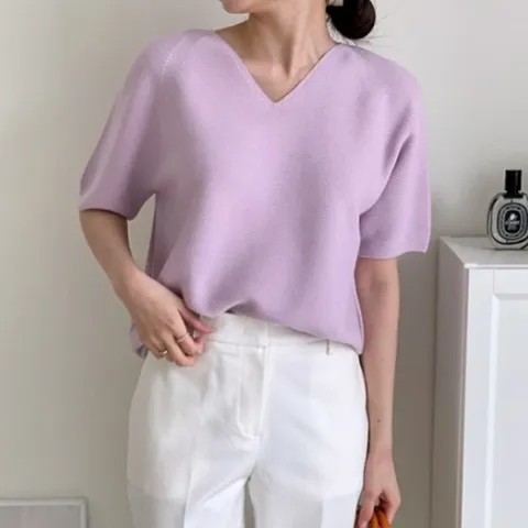 [다잇템] 여성 수피마코튼 반팔 V넥 스웨터 티셔츠_20233372_588872