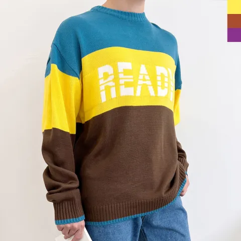 블레오 남자 봄 가을 오버핏 배색 레터링 캐주얼 긴팔 니트
