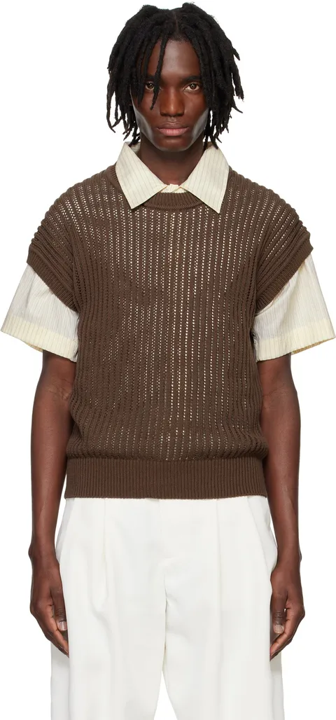 시스템 브라운 캡 소매 니트 티셔츠 SH2F3KTOT07M