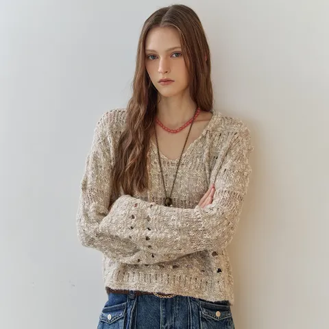펄 믹스 브이넥 보카시 크로셰 크롭 니트