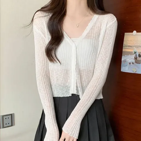 여리핏 파스텔 물결 골지 시스루 크롭 여름 가디건 7컬러