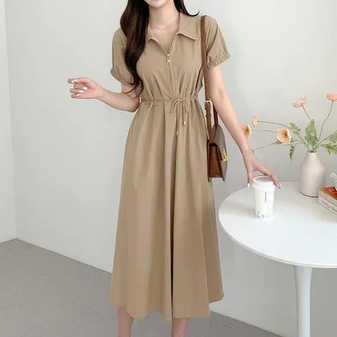 [하프클럽] A라인핏 집업 원피스 미으 여유소매 시보리 브이넥