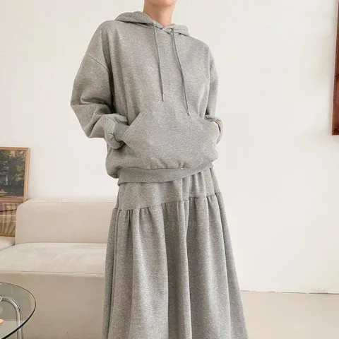 [옷자락] 여자 기모 후드맨투맨 a라인 롱스커트 겨울 세트