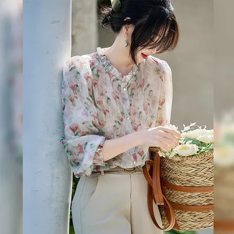 프밋 플라워 시스루 긴팔 블라우스