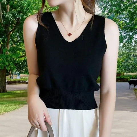 여자 티 여름 니트나 시티 여성 니트 썸머 민소매 이너 블랙 니트티 나시 브이넥