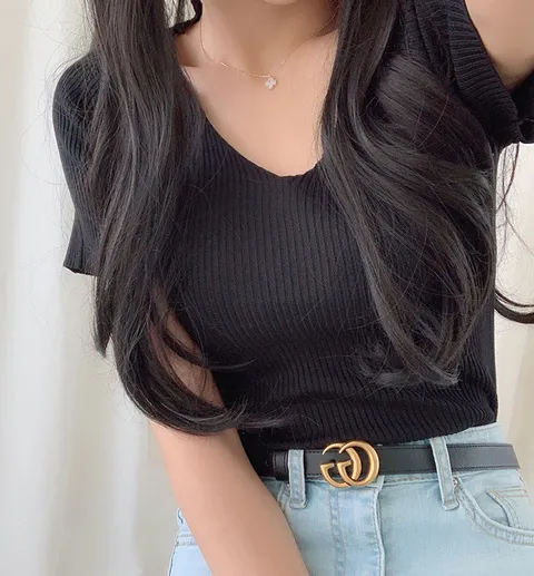 반해MADE; 이너 정석템, 쫀득 골지 브이넥 반팔 니트티셔츠 T_MJ005
