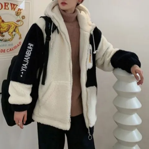 [하프클럽/모노무드] 예쁜 배색 투톤 뽀글이 양털 아웃터 자켓 후드집업