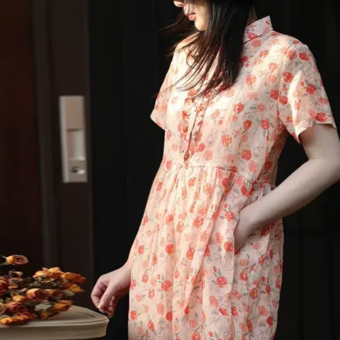 256016 - 셔츠 프릴 로즈 롱원피스 루즈핏 빅사이즈 여름원피스 린넨원피스 면원피스 40대 50대 100사이즈 인견원피스