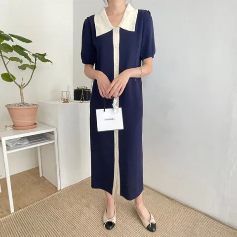 [브리치]  / 카라넥 대비 아이스 실크 니트 반팔 원피스 519825