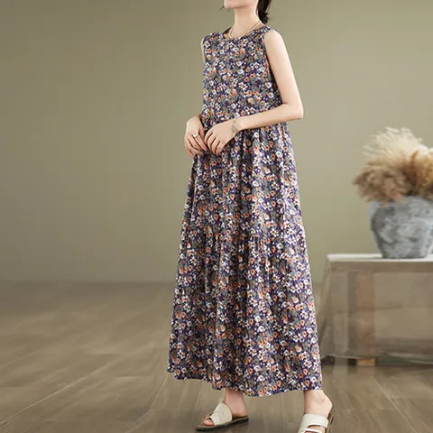 2591802 - 플라워 민소매 롱원피스 루즈핏 빅사이즈 여름원피스 린넨원피스 면원피스 40대 50대 100사이즈 인견원피스