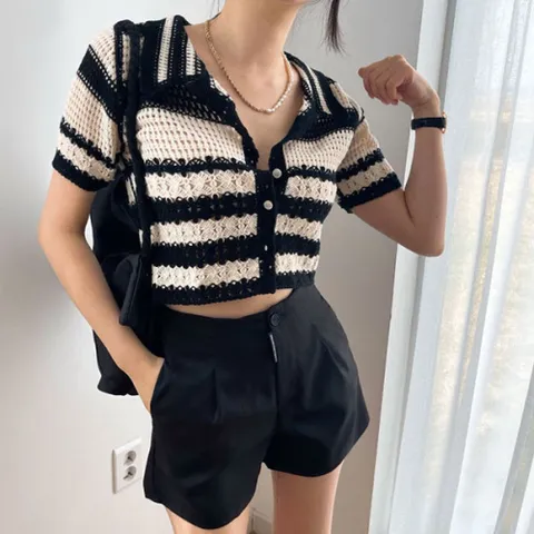 [브리치]  / 카라넥 스트라이프 니트 크롭 반팔 가디건 520816