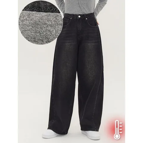 [하프클럽] 블랙 기모 사이드 핀턱 벌룬핏 와이드 데님 팬츠 남여공용