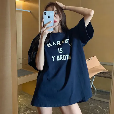 여성 오버핏 레터링 디스트로이드 라운드넥 반팔티