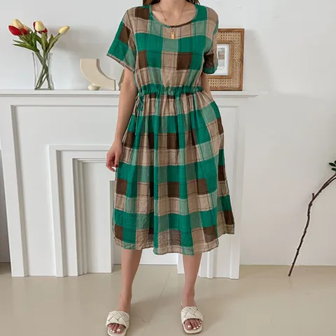 H스타일OP체크원피스 여름 여성 원피스 반팔 OPS 빅사이즈 임부복 파자마 잠옷 데이트룩 하객룩