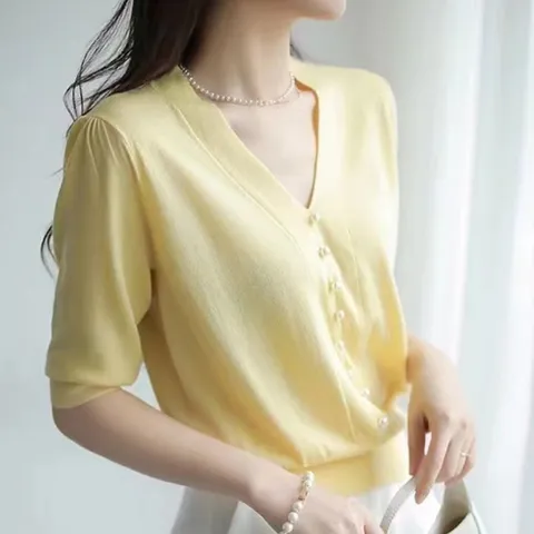 알티피아 여성 여름 썸머 브이넥 반팔 니트 티 옐로우 여름니트 반팔니트 여름니트티