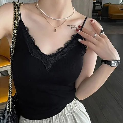 [하프클럽/끌레아]여성 레이스 캡내장 착용감 좋은 브이낵 골지 끈나시