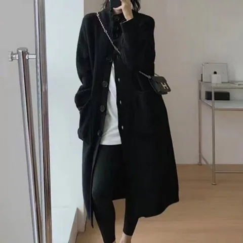 [하프클럽] 데일리 캐쥬얼 룩 여성 하이넥 니트 롱 가디건 블랙 여자 겨울 레이어드 여자봄 검정