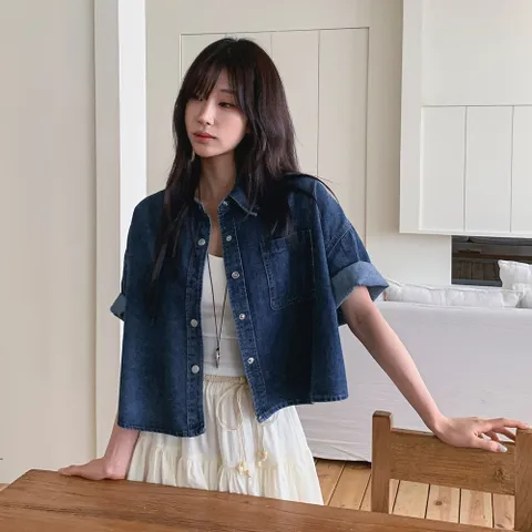 랄라두 포켓 크롭 데님 반팔 셔츠