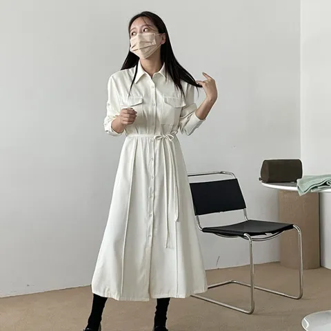 [브리치]  / 투포켓 벨트 셔츠 롱 원피스