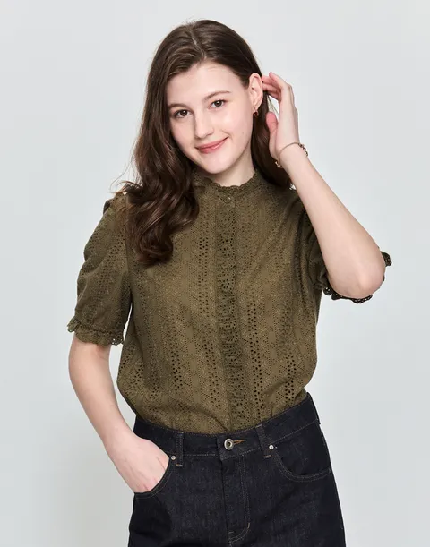 헤지스 여성 [[25SS]] HSSH5B401K2 [면]카키 아일렛 반소매 블라우스