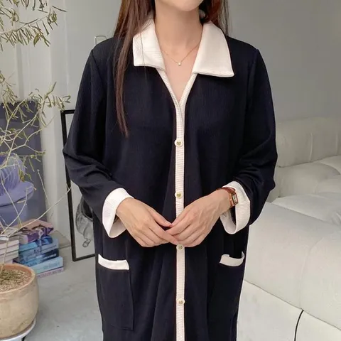 배색 카라 롱 로브 원피스 310O542S 빅사이즈 여성 (11307724A)