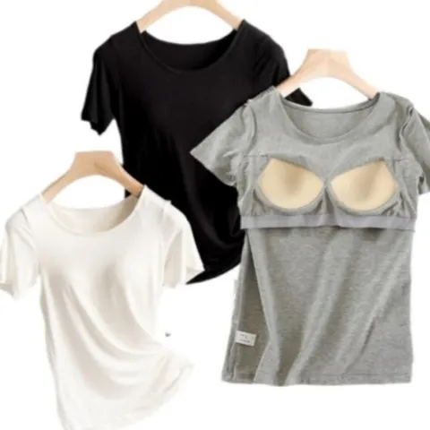 여성 노브라 패드 캡내장 반팔 면 스판 티셔츠 노브라티 브라티셔츠 캡내장티셔츠 티셔프