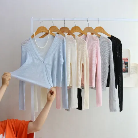 [브리치]  / 원버튼 시스루 얇은 긴팔 니트 크롭 여름가디건