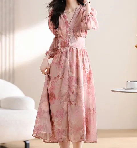 로핑 플로랄 핑크 쉬폰 원피스