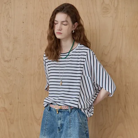 마린 스트라이프 루즈핏 케이프 티셔츠