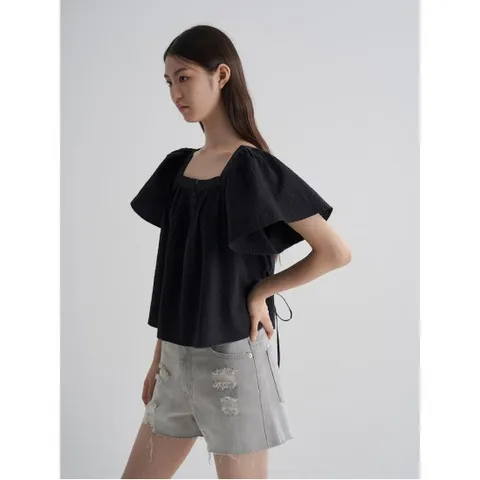 텍스처 반소매 블라우스 - 블랙