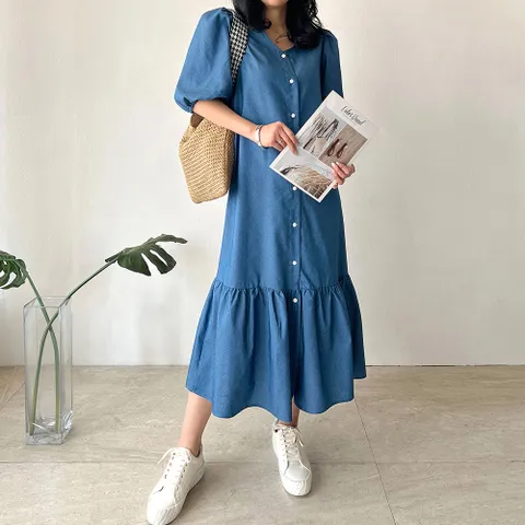 네모엔룩 앞단추프릴청 밑단프릴 여름 데님 브이넥 루즈핏 오픈 맥시 롱 청 원피스
