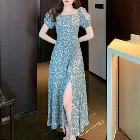 [하프클럽] 퍼프 원피스 플라워 롱 스퀘어넥 A라인