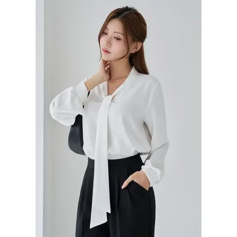 [하프클럽] 하얀색 긴팔 롱 타이 블라우스 리본 V넥 루즈핏 노카라 베이직